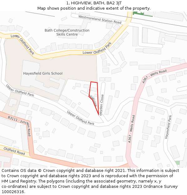 1, HIGHVIEW, BATH, BA2 3JT: Location map and indicative extent of plot