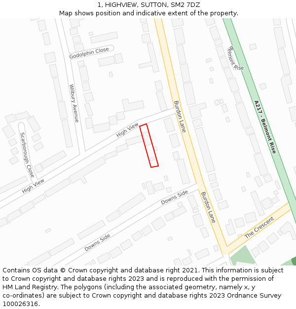 1, HIGHVIEW, SUTTON, SM2 7DZ: Location map and indicative extent of plot