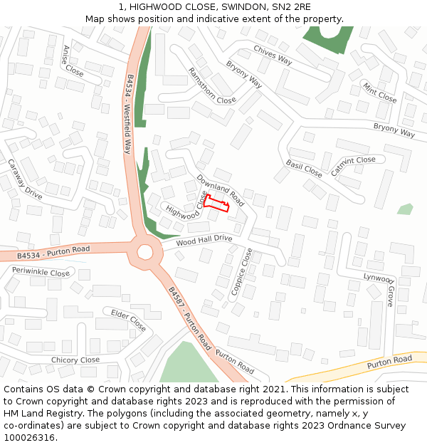 1, HIGHWOOD CLOSE, SWINDON, SN2 2RE: Location map and indicative extent of plot