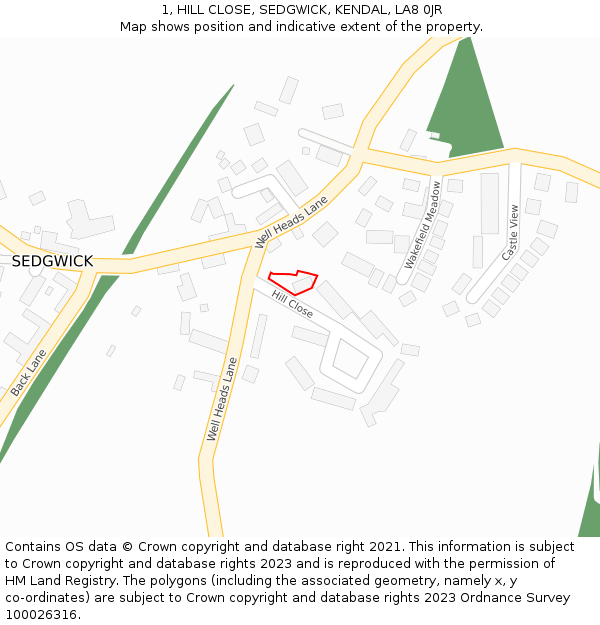 1, HILL CLOSE, SEDGWICK, KENDAL, LA8 0JR: Location map and indicative extent of plot