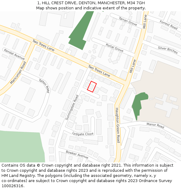 1, HILL CREST DRIVE, DENTON, MANCHESTER, M34 7GH: Location map and indicative extent of plot