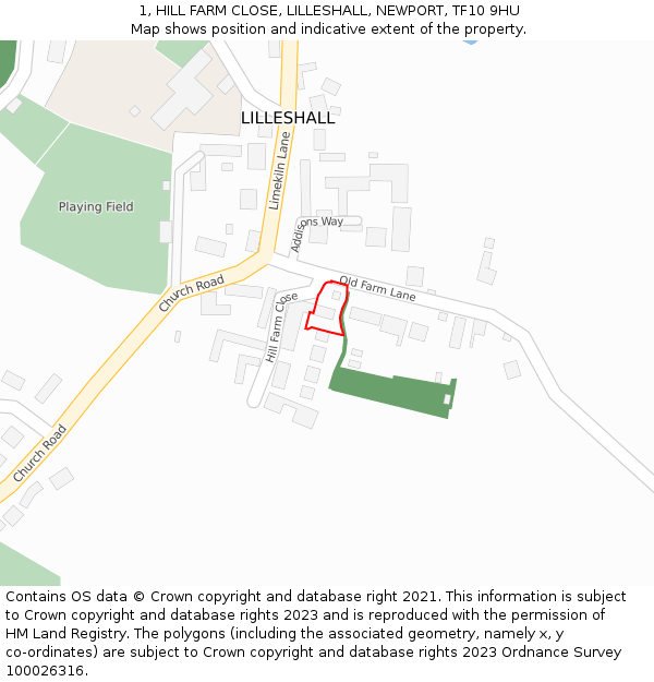 1, HILL FARM CLOSE, LILLESHALL, NEWPORT, TF10 9HU: Location map and indicative extent of plot