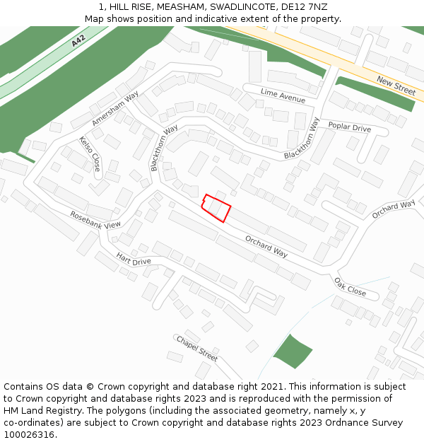 1, HILL RISE, MEASHAM, SWADLINCOTE, DE12 7NZ: Location map and indicative extent of plot