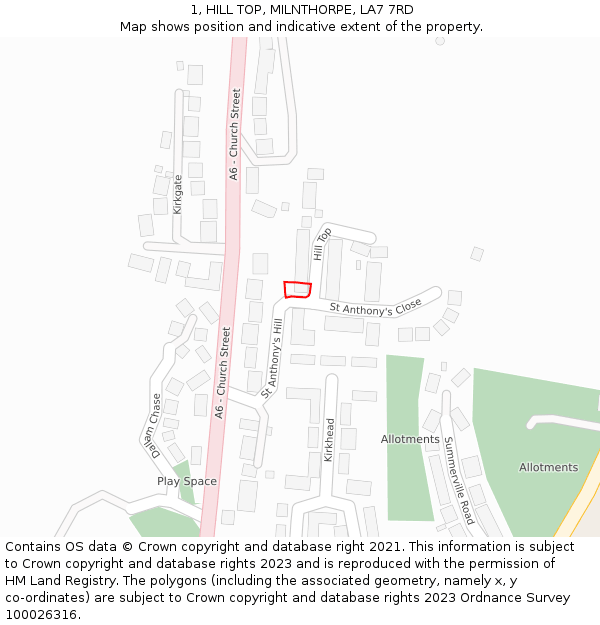 1, HILL TOP, MILNTHORPE, LA7 7RD: Location map and indicative extent of plot