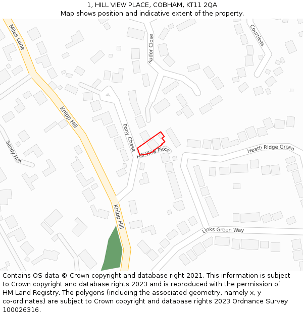 1, HILL VIEW PLACE, COBHAM, KT11 2QA: Location map and indicative extent of plot