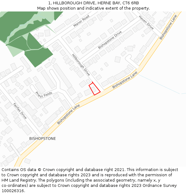 1, HILLBOROUGH DRIVE, HERNE BAY, CT6 6RB: Location map and indicative extent of plot