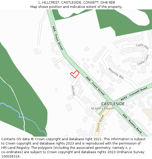 1, HILLCREST, CASTLESIDE, CONSETT, DH8 9EB: Location map and indicative extent of plot