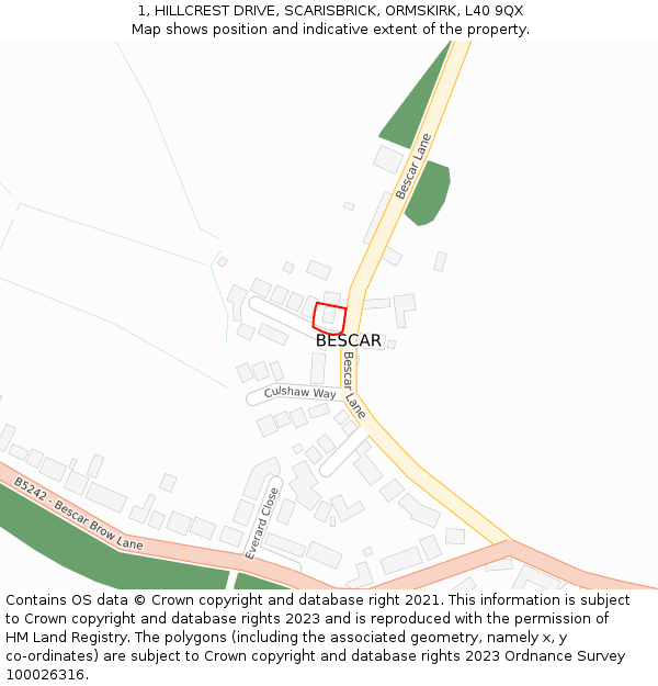 1, HILLCREST DRIVE, SCARISBRICK, ORMSKIRK, L40 9QX: Location map and indicative extent of plot