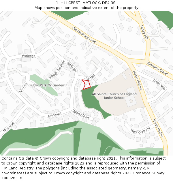 1, HILLCREST, MATLOCK, DE4 3SL: Location map and indicative extent of plot