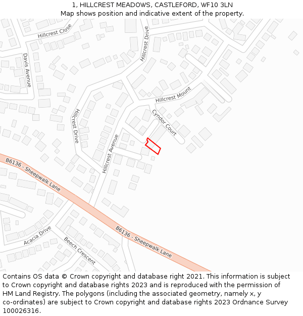 1, HILLCREST MEADOWS, CASTLEFORD, WF10 3LN: Location map and indicative extent of plot