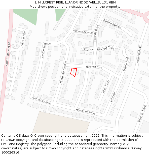 1, HILLCREST RISE, LLANDRINDOD WELLS, LD1 6BN: Location map and indicative extent of plot