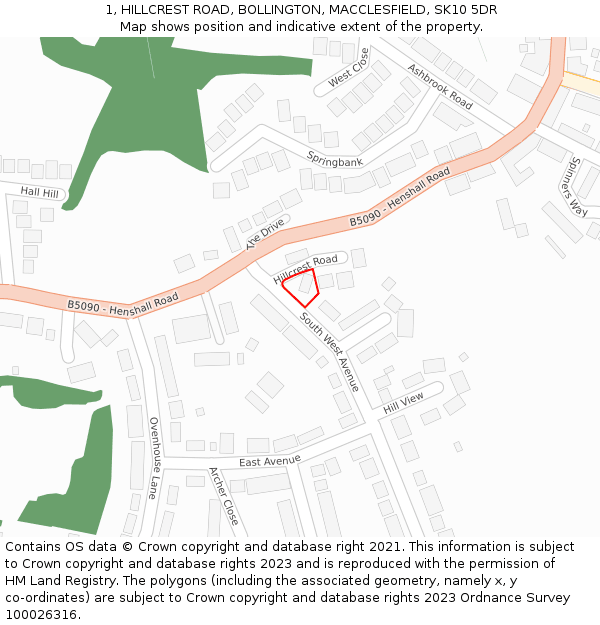 1, HILLCREST ROAD, BOLLINGTON, MACCLESFIELD, SK10 5DR: Location map and indicative extent of plot