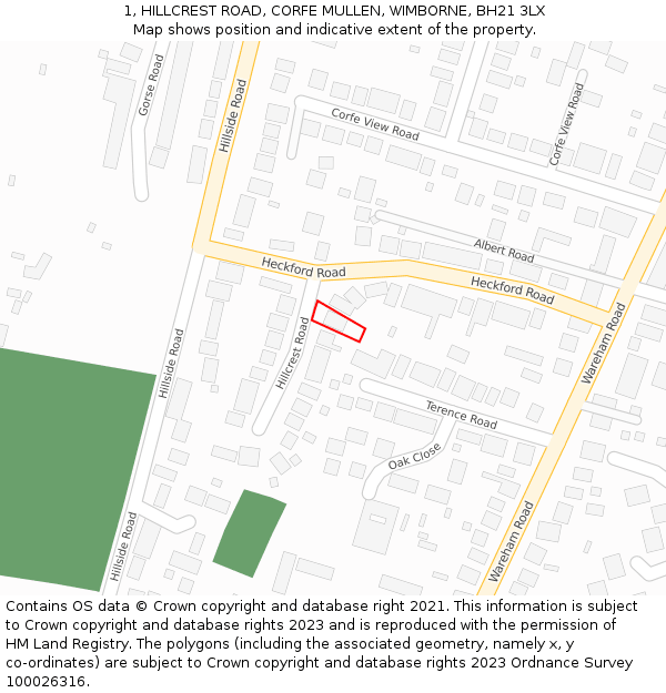 1, HILLCREST ROAD, CORFE MULLEN, WIMBORNE, BH21 3LX: Location map and indicative extent of plot