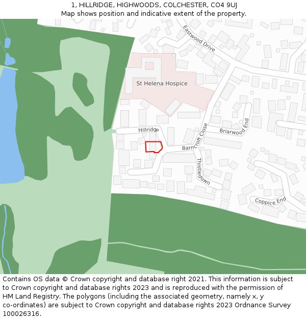 1, HILLRIDGE, HIGHWOODS, COLCHESTER, CO4 9UJ: Location map and indicative extent of plot