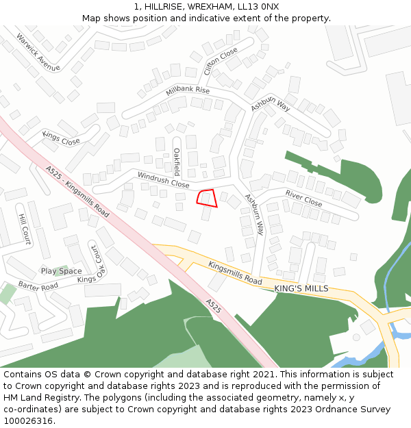 1, HILLRISE, WREXHAM, LL13 0NX: Location map and indicative extent of plot