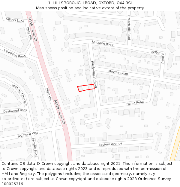 1, HILLSBOROUGH ROAD, OXFORD, OX4 3SL: Location map and indicative extent of plot