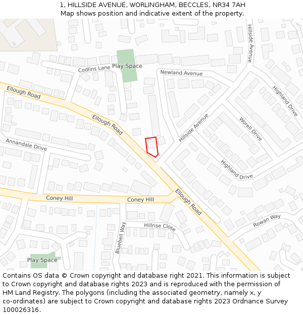 1, HILLSIDE AVENUE, WORLINGHAM, BECCLES, NR34 7AH: Location map and indicative extent of plot