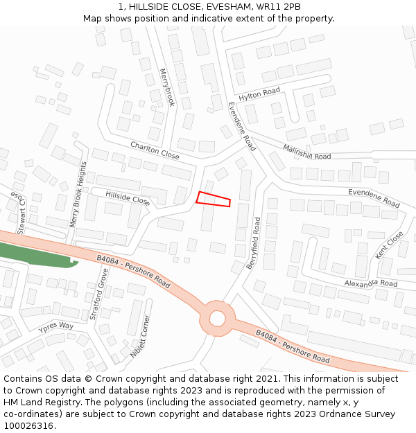 1, HILLSIDE CLOSE, EVESHAM, WR11 2PB: Location map and indicative extent of plot