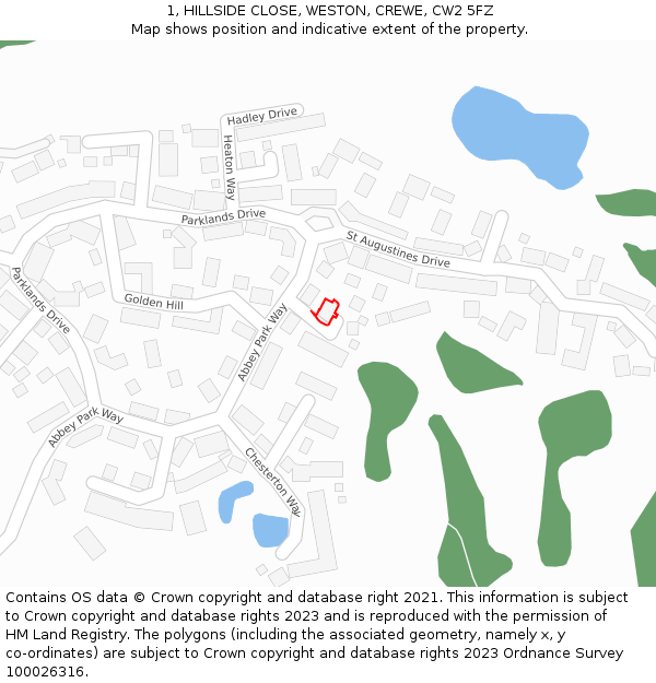 1, HILLSIDE CLOSE, WESTON, CREWE, CW2 5FZ: Location map and indicative extent of plot