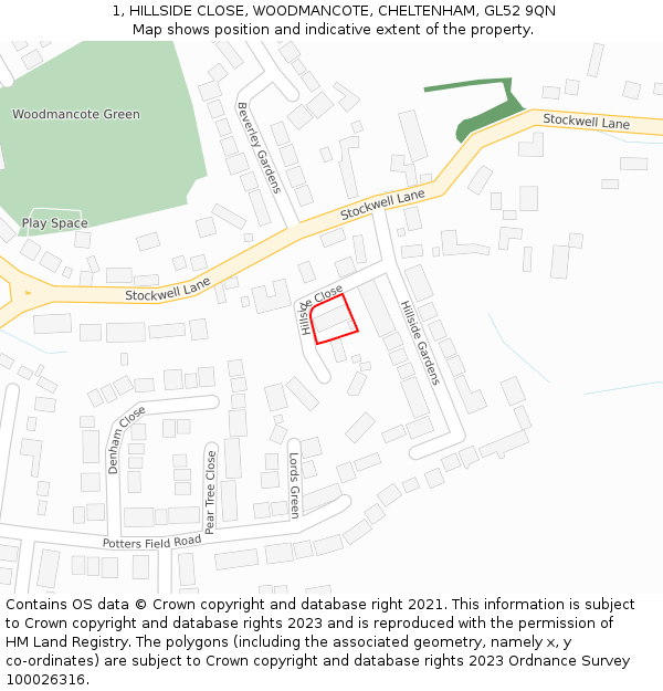 1, HILLSIDE CLOSE, WOODMANCOTE, CHELTENHAM, GL52 9QN: Location map and indicative extent of plot
