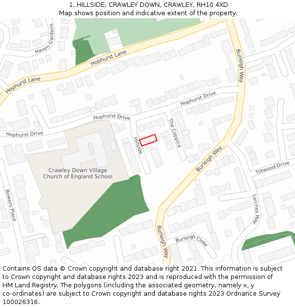 1, HILLSIDE, CRAWLEY DOWN, CRAWLEY, RH10 4XD: Location map and indicative extent of plot