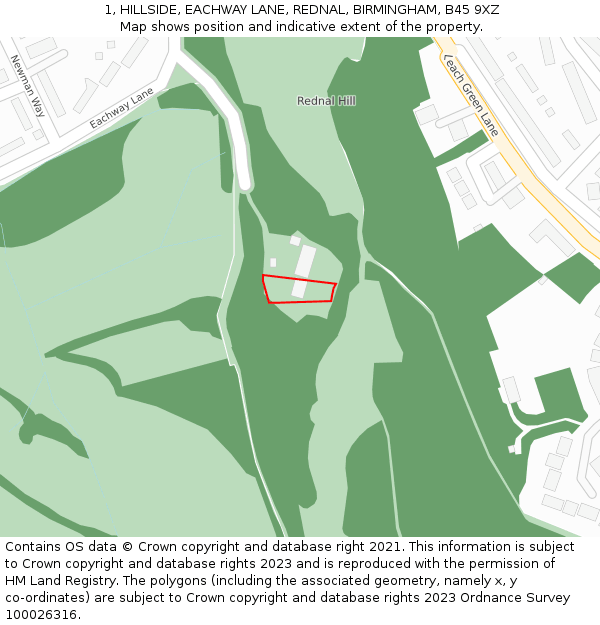 1, HILLSIDE, EACHWAY LANE, REDNAL, BIRMINGHAM, B45 9XZ: Location map and indicative extent of plot