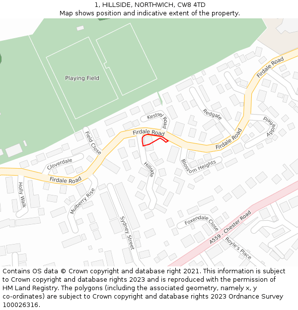 1, HILLSIDE, NORTHWICH, CW8 4TD: Location map and indicative extent of plot