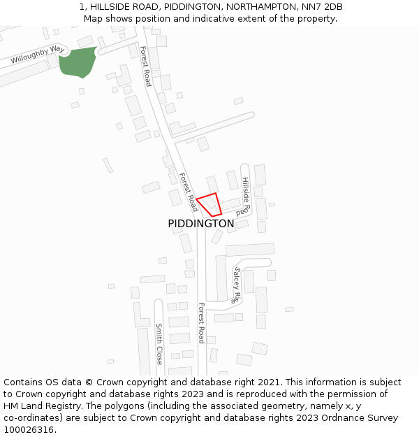 1, HILLSIDE ROAD, PIDDINGTON, NORTHAMPTON, NN7 2DB: Location map and indicative extent of plot