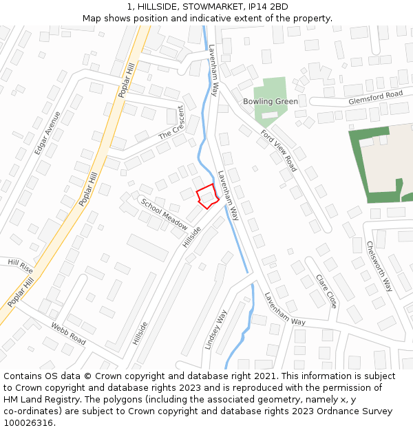 1, HILLSIDE, STOWMARKET, IP14 2BD: Location map and indicative extent of plot