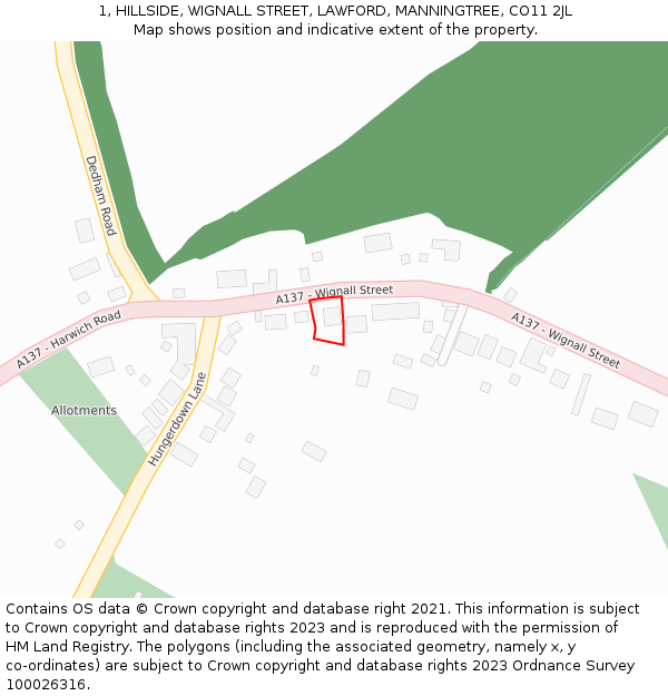 1, HILLSIDE, WIGNALL STREET, LAWFORD, MANNINGTREE, CO11 2JL: Location map and indicative extent of plot