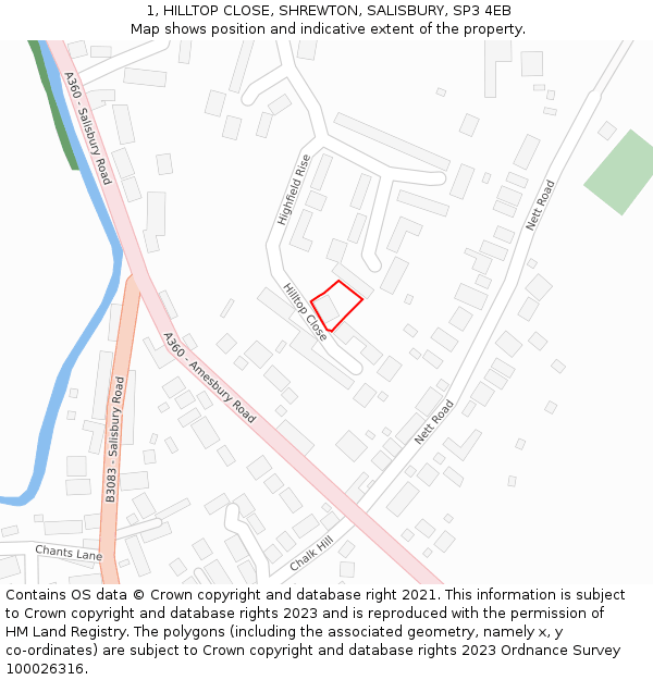 1, HILLTOP CLOSE, SHREWTON, SALISBURY, SP3 4EB: Location map and indicative extent of plot