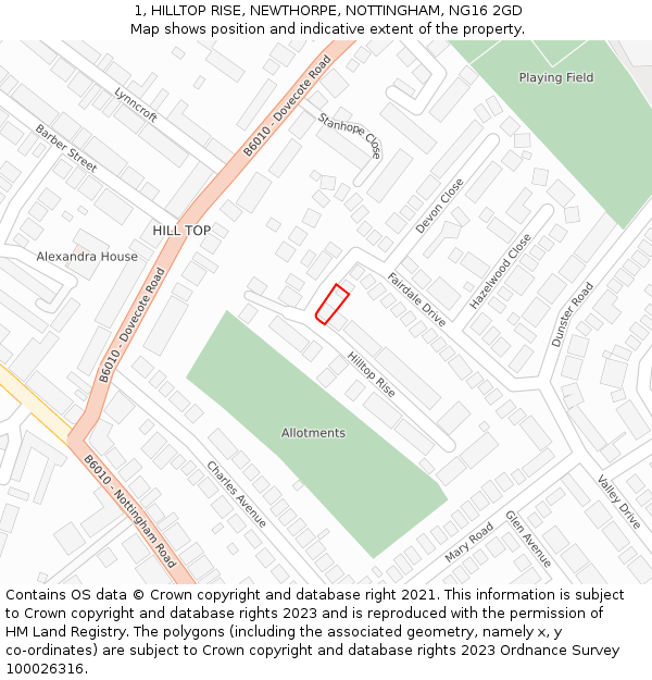 1, HILLTOP RISE, NEWTHORPE, NOTTINGHAM, NG16 2GD: Location map and indicative extent of plot