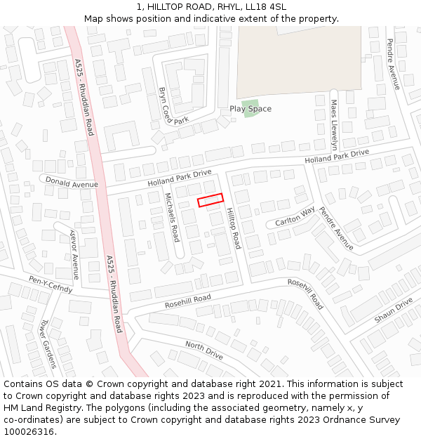 1, HILLTOP ROAD, RHYL, LL18 4SL: Location map and indicative extent of plot