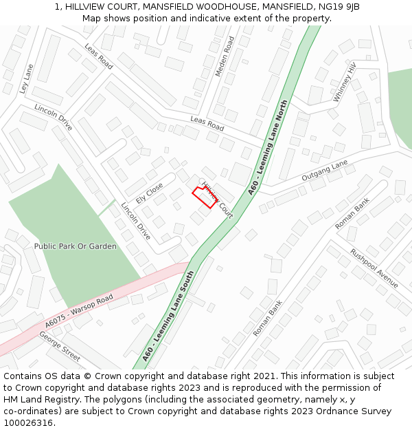 1, HILLVIEW COURT, MANSFIELD WOODHOUSE, MANSFIELD, NG19 9JB: Location map and indicative extent of plot