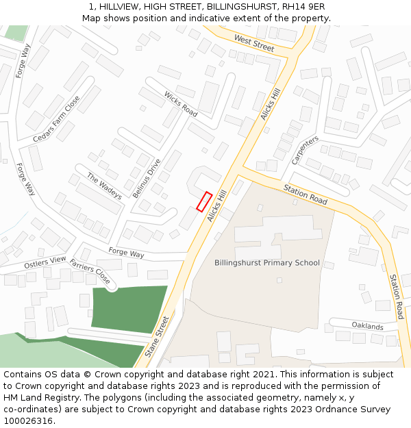 1, HILLVIEW, HIGH STREET, BILLINGSHURST, RH14 9ER: Location map and indicative extent of plot