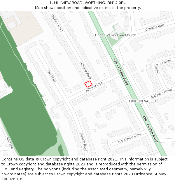 1, HILLVIEW ROAD, WORTHING, BN14 0BU: Location map and indicative extent of plot