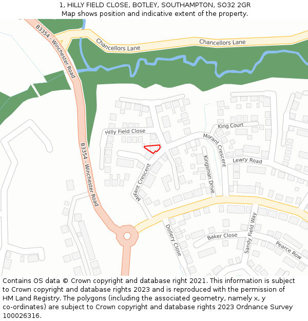 1, HILLY FIELD CLOSE, BOTLEY, SOUTHAMPTON, SO32 2GR: Location map and indicative extent of plot