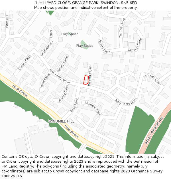 1, HILLYARD CLOSE, GRANGE PARK, SWINDON, SN5 6ED: Location map and indicative extent of plot