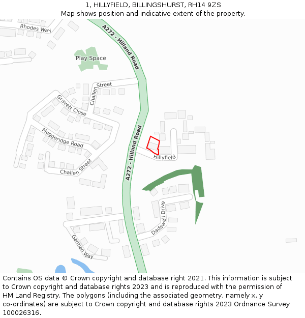 1, HILLYFIELD, BILLINGSHURST, RH14 9ZS: Location map and indicative extent of plot