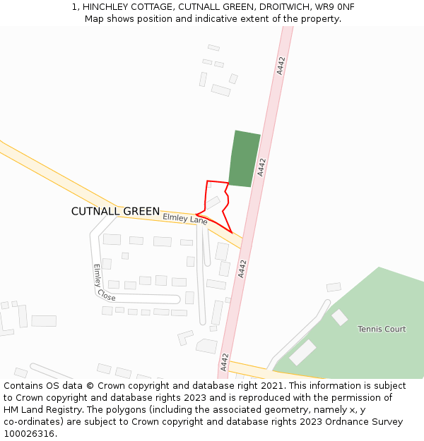 1, HINCHLEY COTTAGE, CUTNALL GREEN, DROITWICH, WR9 0NF: Location map and indicative extent of plot