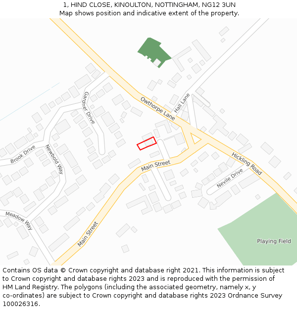 1, HIND CLOSE, KINOULTON, NOTTINGHAM, NG12 3UN: Location map and indicative extent of plot