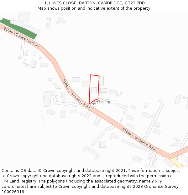 1, HINES CLOSE, BARTON, CAMBRIDGE, CB23 7BB: Location map and indicative extent of plot