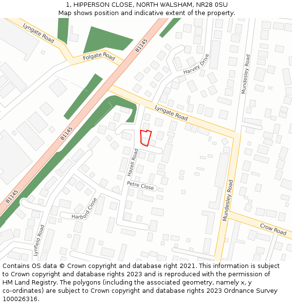 1, HIPPERSON CLOSE, NORTH WALSHAM, NR28 0SU: Location map and indicative extent of plot