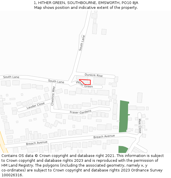 1, HITHER GREEN, SOUTHBOURNE, EMSWORTH, PO10 8JA: Location map and indicative extent of plot