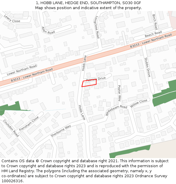 1, HOBB LANE, HEDGE END, SOUTHAMPTON, SO30 0GF: Location map and indicative extent of plot