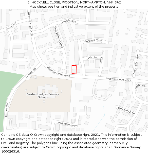 1, HOCKNELL CLOSE, WOOTTON, NORTHAMPTON, NN4 6AZ: Location map and indicative extent of plot