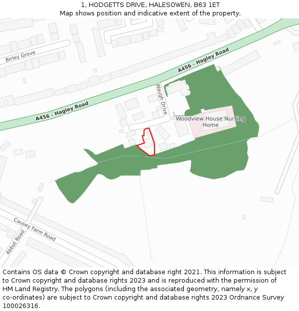 1, HODGETTS DRIVE, HALESOWEN, B63 1ET: Location map and indicative extent of plot