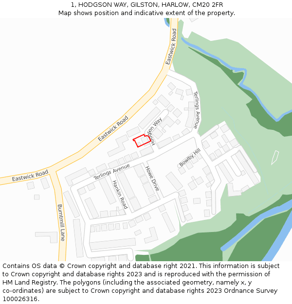 1, HODGSON WAY, GILSTON, HARLOW, CM20 2FR: Location map and indicative extent of plot