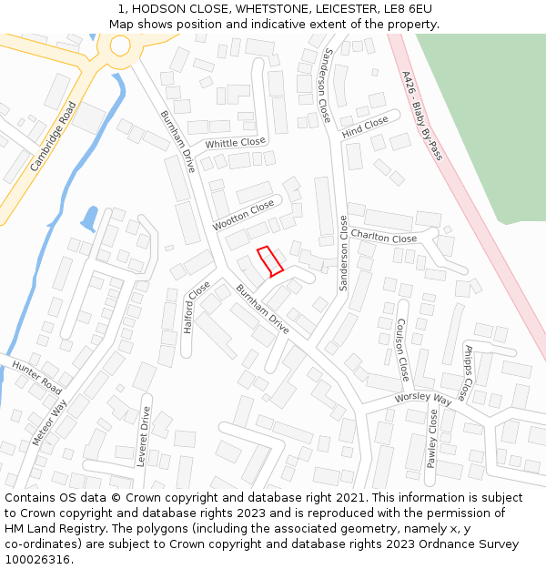 1, HODSON CLOSE, WHETSTONE, LEICESTER, LE8 6EU: Location map and indicative extent of plot