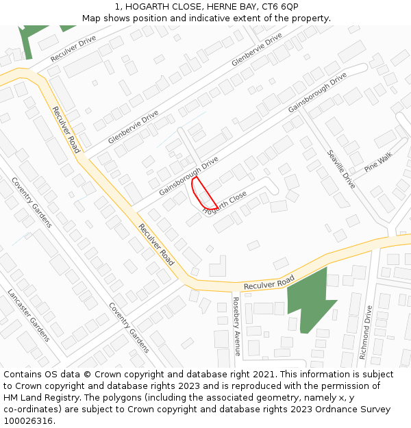 1, HOGARTH CLOSE, HERNE BAY, CT6 6QP: Location map and indicative extent of plot